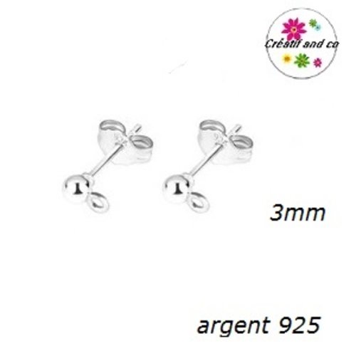 Tige clou tête boule 3mm + poussoirs argent 925