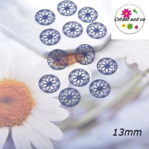 Connecteur estampe cercle motif fleur bleu nuit 13mm