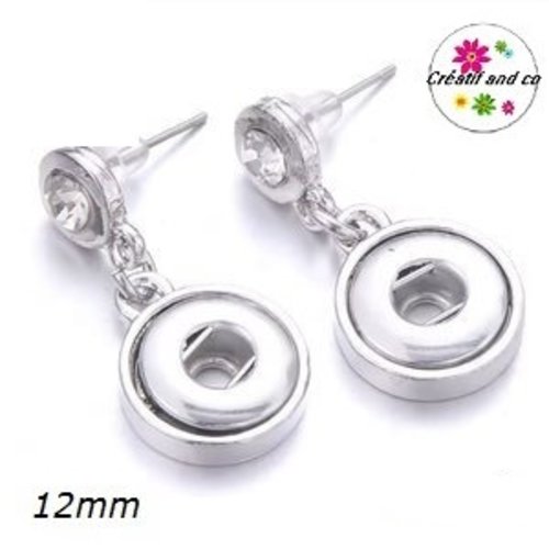 Boucle d'oreille pendante clou strass  bouton pression 12mm