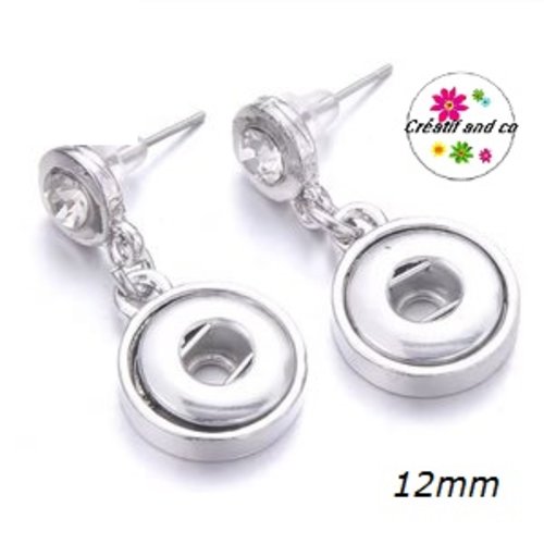 Boucle d'oreille pendante clou strass  bouton pression 12mm