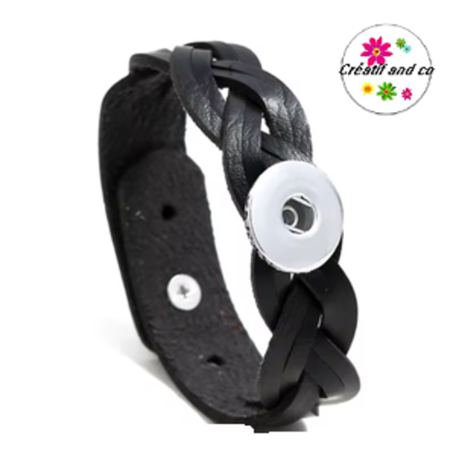 Bracelet simili cuir tressé noir pour bouton pression