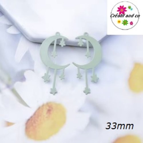 Breloque estampe lune et étoile verte claire 33mm