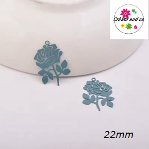 Breloque estampe rose fleur verte foncée 22mm