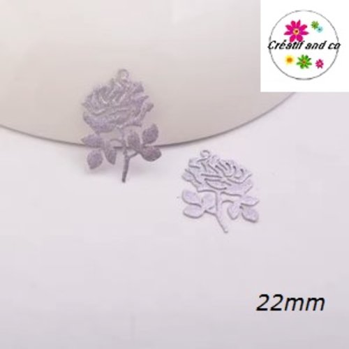 Breloque estampe rose fleur argent 22mm