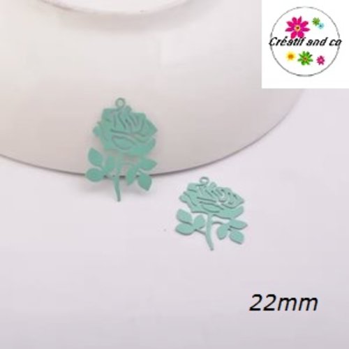 Breloque estampe rose fleur vert paon 22mm