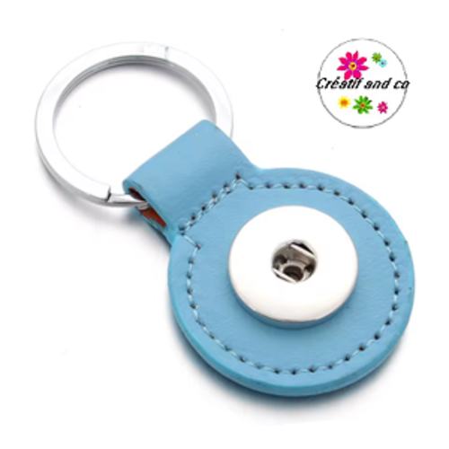 Porte clé rond simili cuir bleu clair pour bouton pression