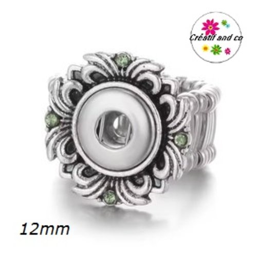 Bague métal argentée et strass vert pour bouton pression 12mm