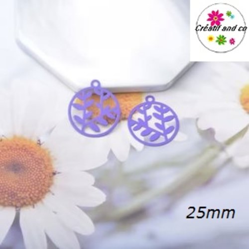Breloque estampe feuille dans cercle mauve  25mm