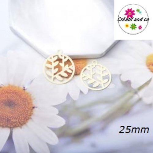 Breloque estampe feuille dans cercle crème 25mm