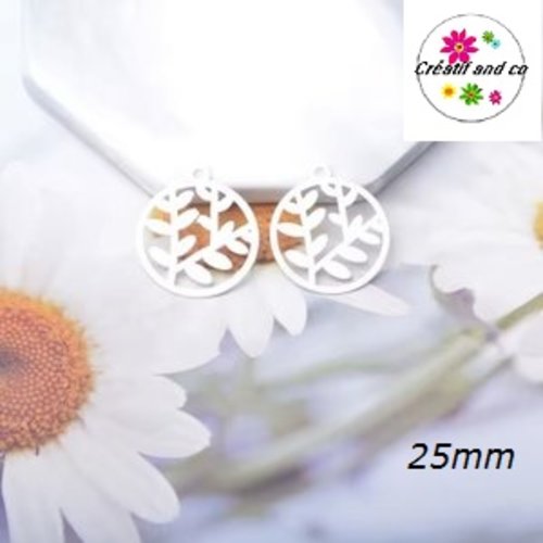 Breloque estampe feuille dans cercle blanc  25mm