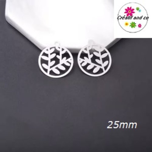 Breloque estampe feuille dans cercle argent  25mm