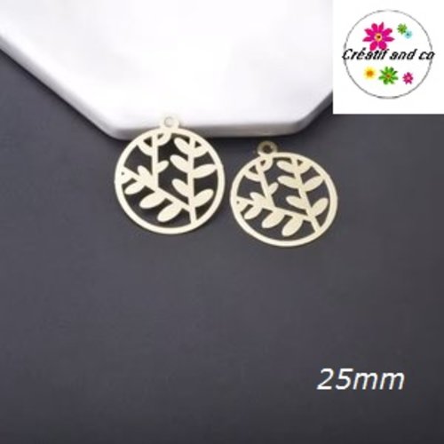 Breloque estampe feuille dans cercle doré  25mm