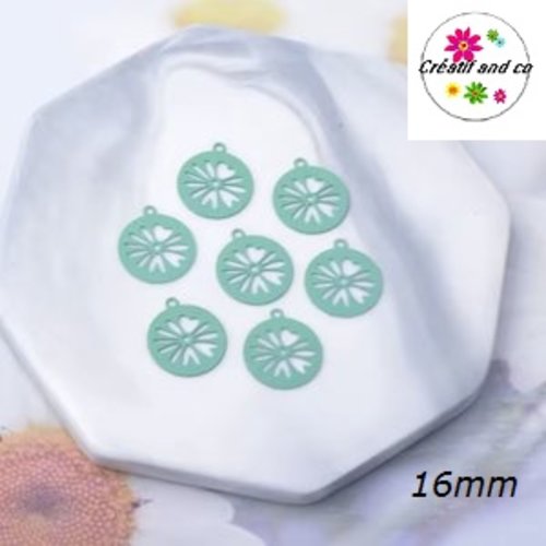 Breloque estampe forme feuille ronde vert paon 16mm