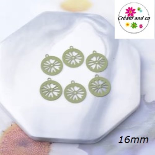 Breloque estampe forme feuille ronde kaki 16mm