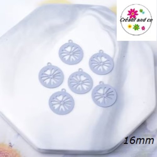 Breloque estampe forme feuille ronde grise 16mm