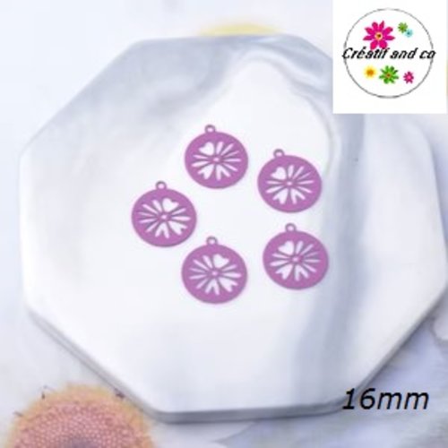 Breloque estampe forme feuille ronde mauve 16mm