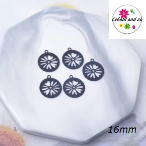 Breloque estampe forme feuille ronde noire 16mm