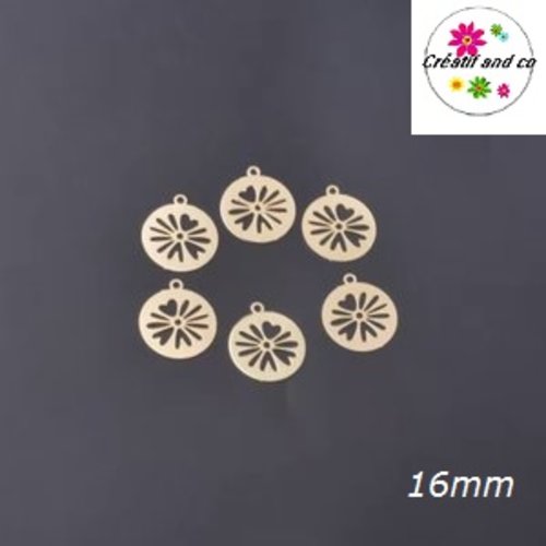 Breloque estampe forme feuille ronde dorée 16mm