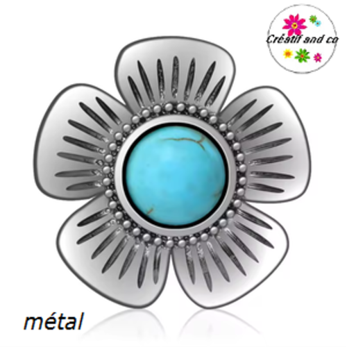 Bouton pression fleur métal coeur turquoise
