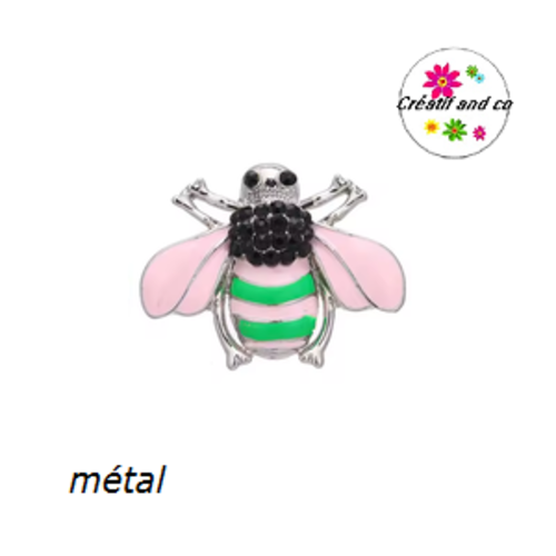Bouton pression abeille rose/verte strassée