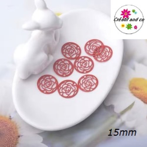 Breloque estampe cercle motif rose fleur rouge 15mm