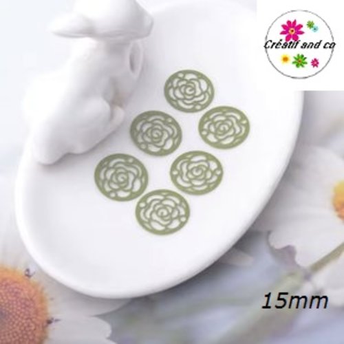 Breloque estampe cercle motif rose fleur kaki 15mm