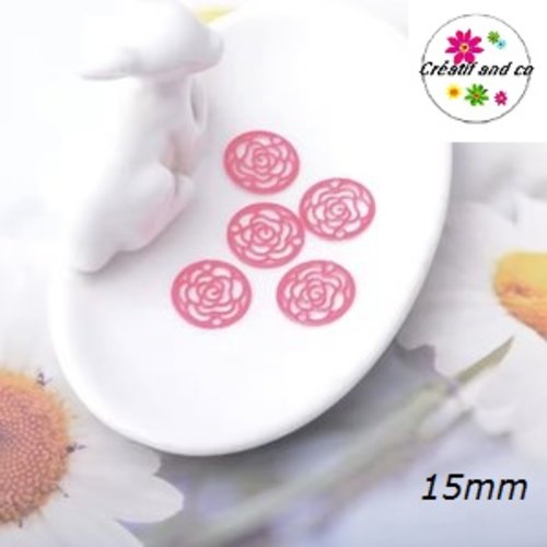 Breloque estampe cercle motif rose fleur rose flashy 15mm