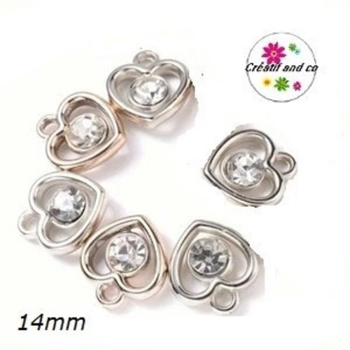 Pendentif coeur argenté et strass acrylique 14mm