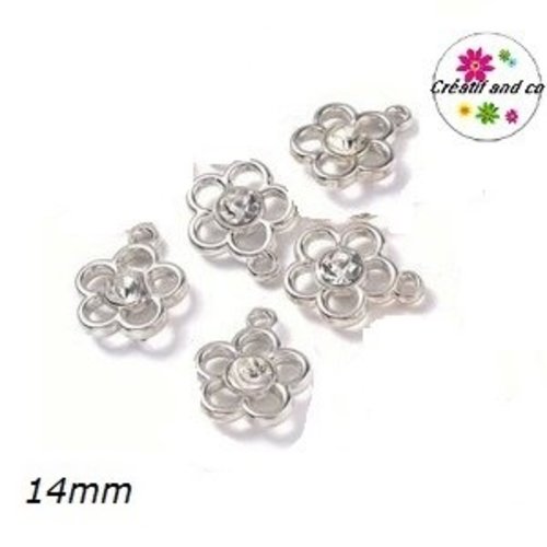 Pendentif fleur argentée et strass acrylique 14mm