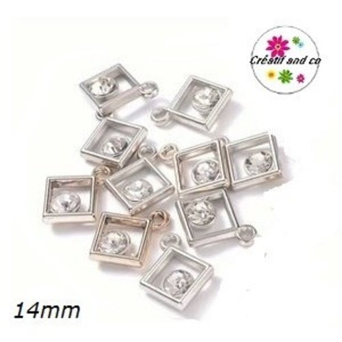 Pendentif carré argenté et strass acrylique 14mm