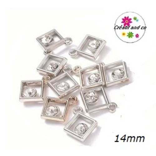 Pendentif carré argenté et strass acrylique 14mm