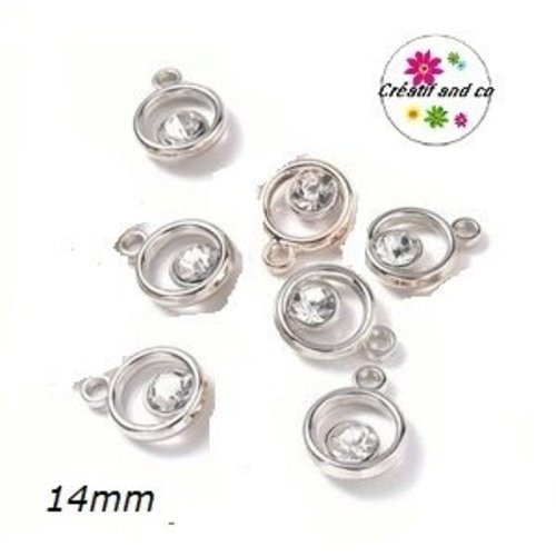 Pendentif cercle argenté et strass acrylique 14mm