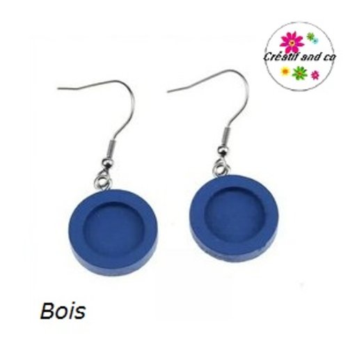 Boucle d'oreille bois  bleue pour cabochon 12mm