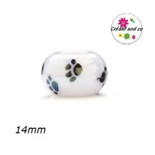 Grosse perle blanche empreinte de patte d'animaux 14mm