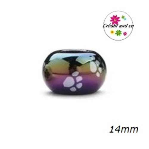 Grosse perle noire empreinte de patte d'animaux 14mm