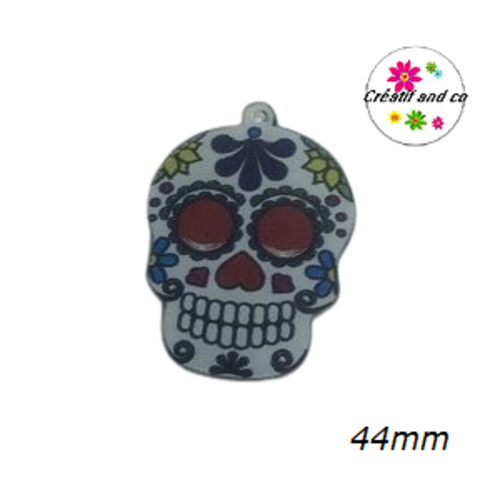 Breloque grande tête de mort mexicaine fond blanc 44mm