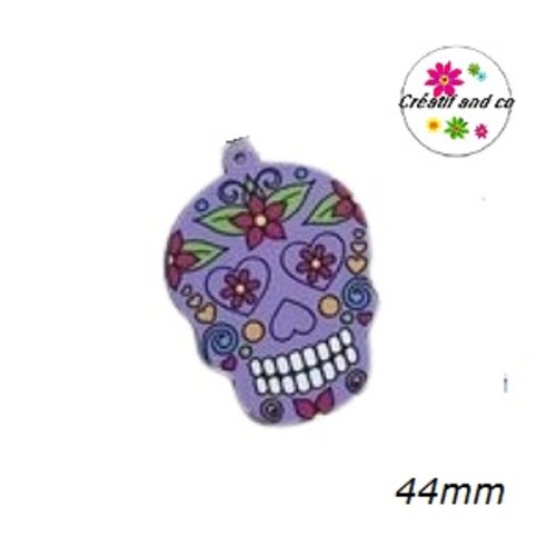 Breloque grande tête de mort mexicaine fond mauve 44mm