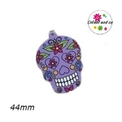 Breloque grande tête de mort mexicaine fond mauve 44mm