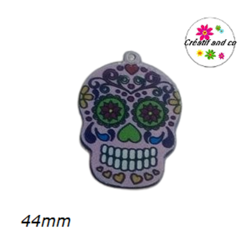 Breloque grande tête de mort mexicaine fond rose 44mm