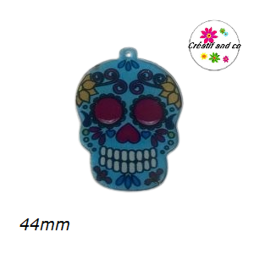 Breloque grande tête de mort mexicaine fond bleu 44mm