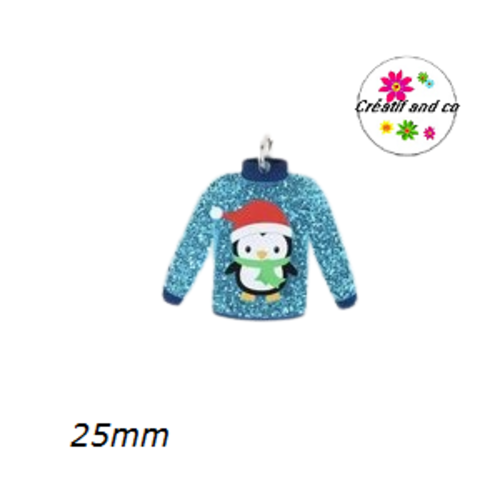 Breloque pull bleu motif pingouin de noël  25mm