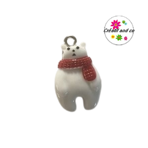 Breloque ourson blanc de noël et son écharpe rouge vernis résine