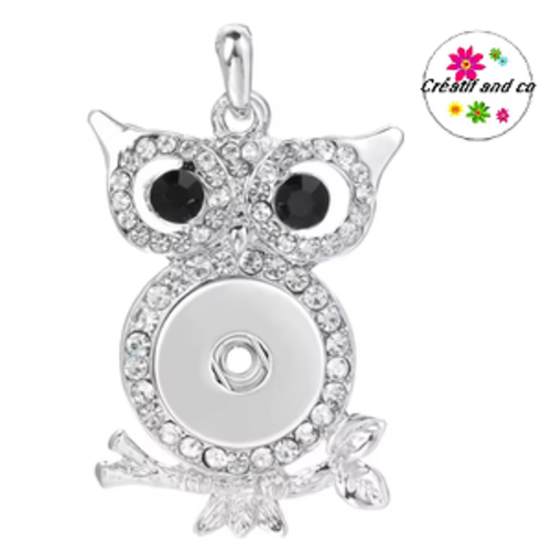 Pendentif hibou yeux strass noirs pour bouton pression