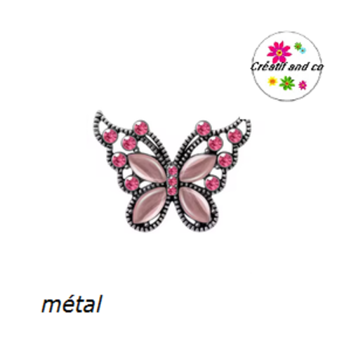 Bouton pression métal papillon strass rose