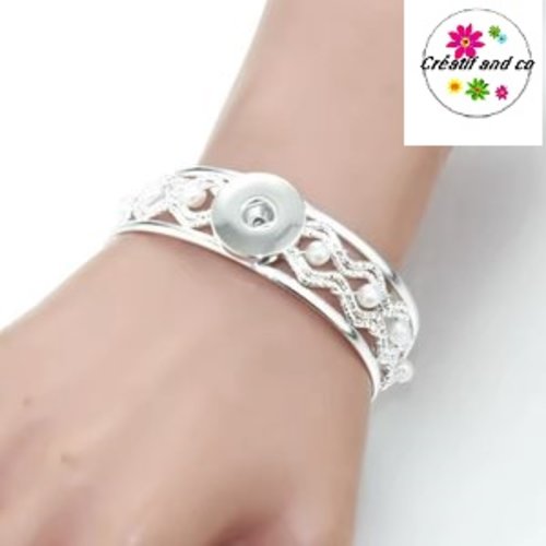 Bracelet ouvert argenté avec petite perle nacrée pour bouton pression 18mm
