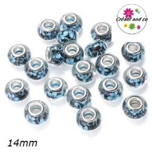 Grosse perle motif fleur bleue 14mm