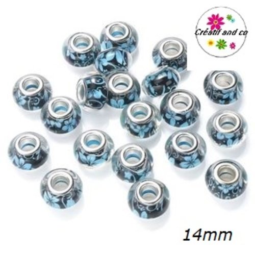 Grosse perle motif fleur bleue 14mm