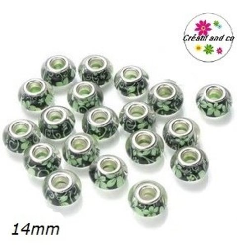 Grosse perle motif fleur verte 14mm