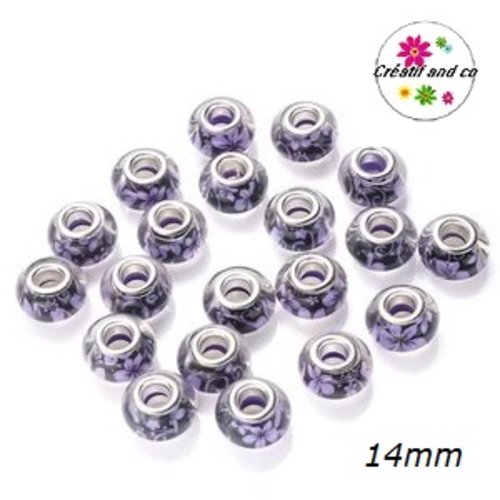 Grosse perle motif fleur mauve 14mm