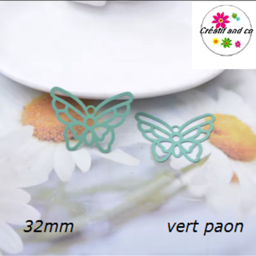 Breloque estampe connecteur papillon vert paon 32mm